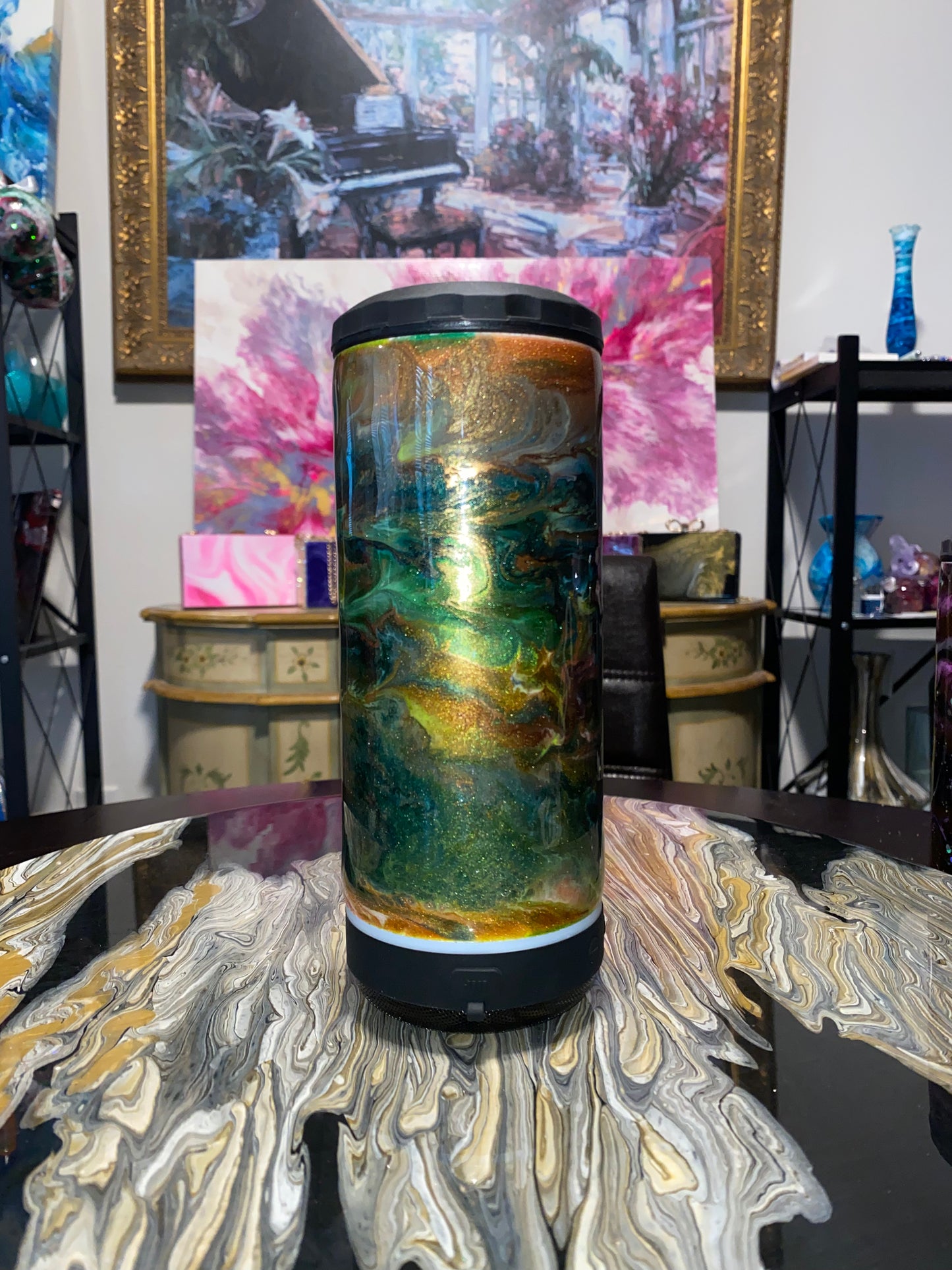 Custom Can Cooler Speaker Tumbler in Green and Gold