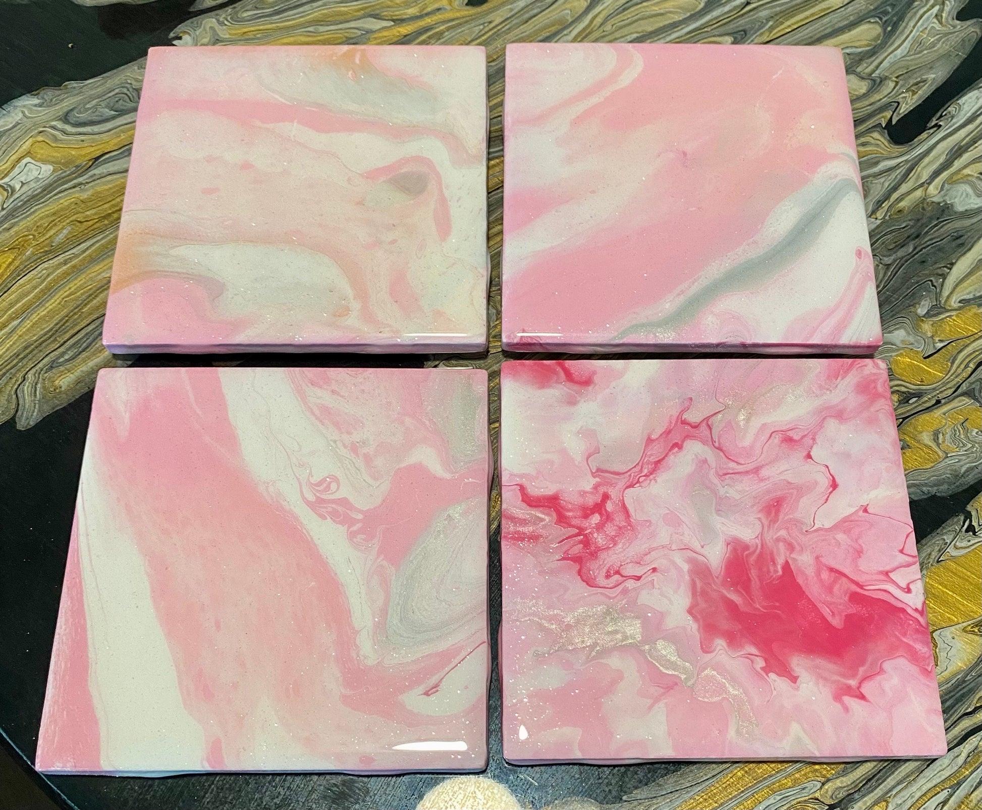 Beautiful Pink, Silver, Gold, and White Ceramic Coaster Set of 4