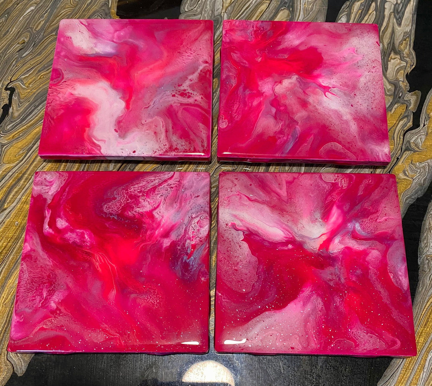 Beautiful Neon Pinks and White Ceramic Coaster Set of 4